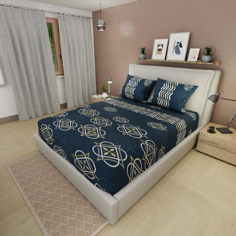 Sábana Ajustable Serebel Azul Oscuro de Grecas Para Cama Doble 140 X 190 Cm - Sabanas | Bylmo