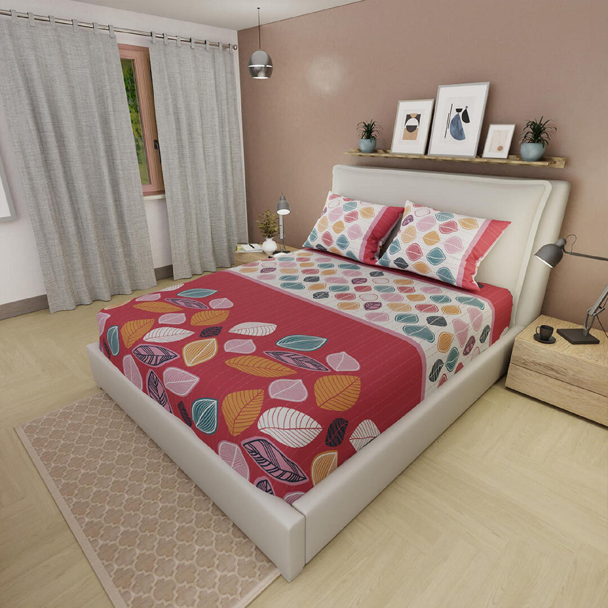 Sábana Ajustable Serebel Coral y Blanco de Otoño Para Cama Doble 140 X 190 Cm - Sabanas | Bylmo