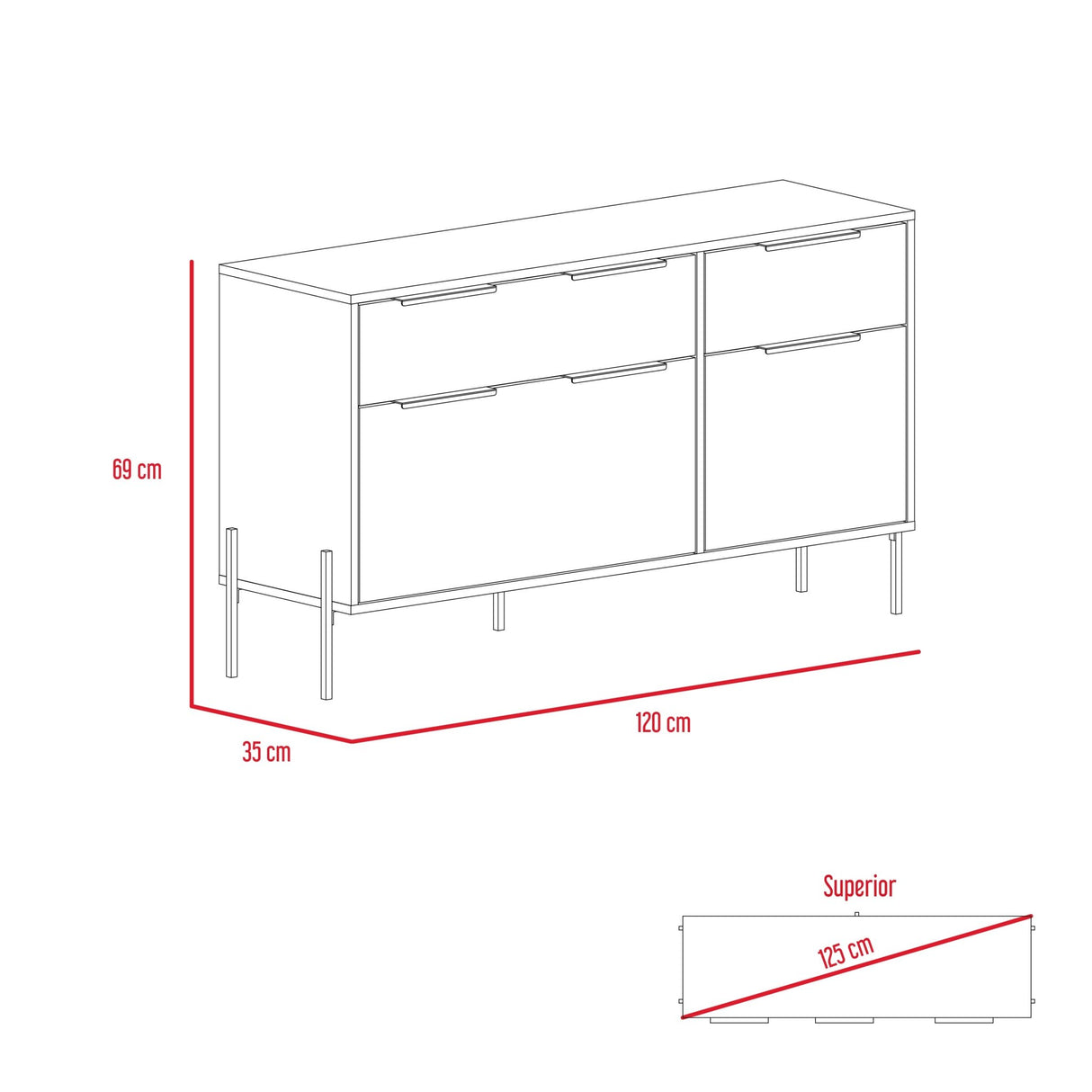 Cómoda White Collection Blanco 122.6x69cm con Cuatro Cajones - Cajoneras y Comodas | Bylmo