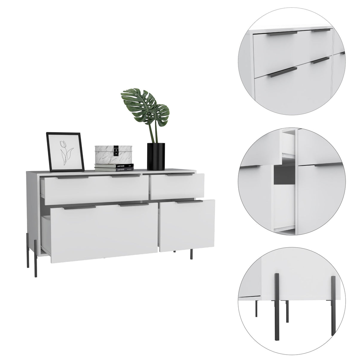 Cómoda White Collection Blanco 122.6x69cm con Cuatro Cajones - Cajoneras y Comodas | Bylmo