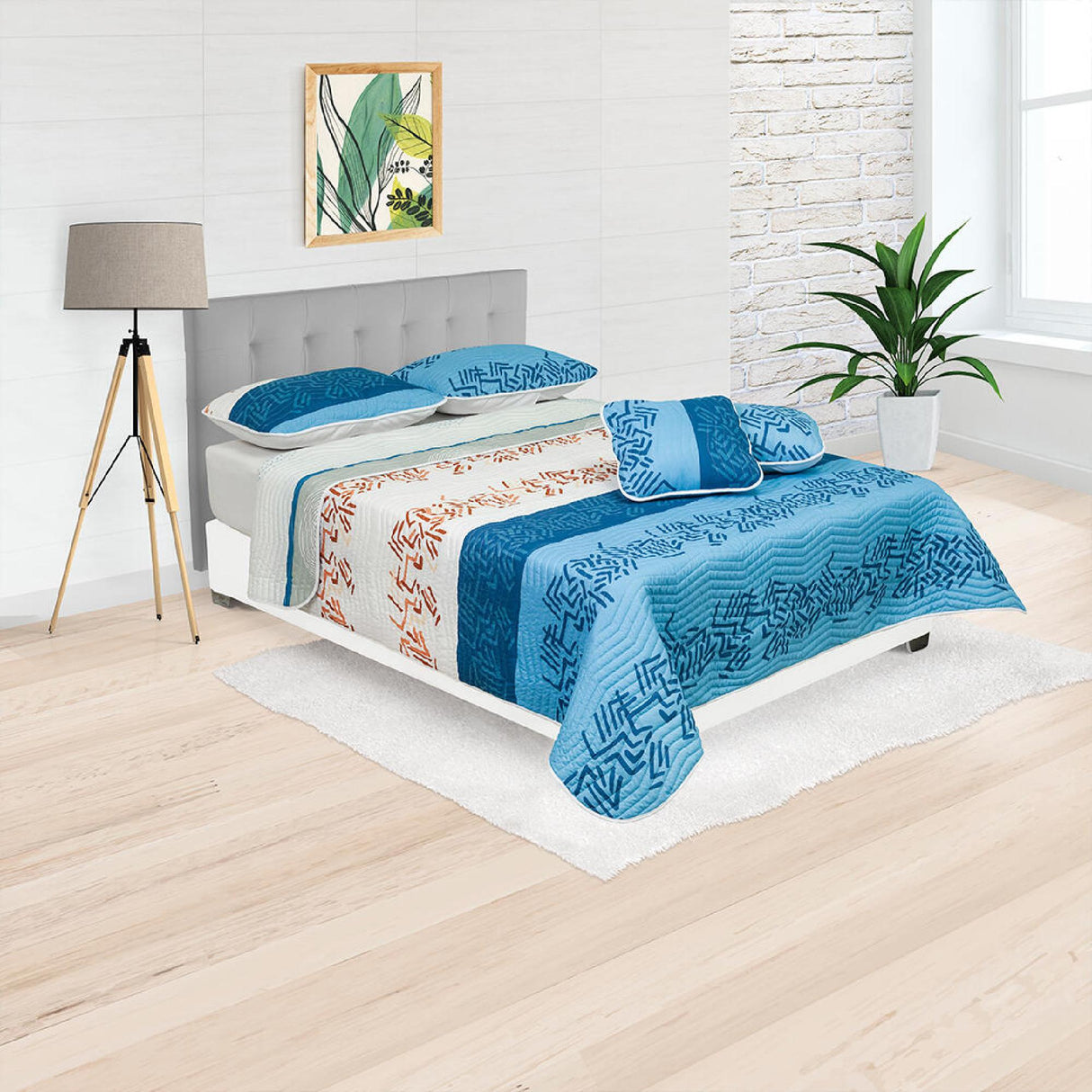 Cubrelecho Español Ambete Azul y Blanco de Líneas Étnicas Para Cama Semidoble 120 X 190 Cm - Tendidos y Cubrelechos | Bylmo