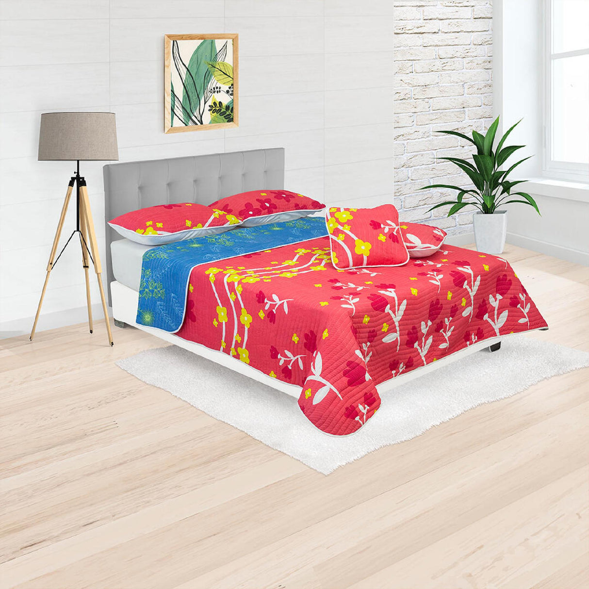 Cubrelecho Español Ambete Rojo y Azul de Flores Para Cama Doble 140 X 190 Cm - Tendidos y Cubrelechos | Bylmo