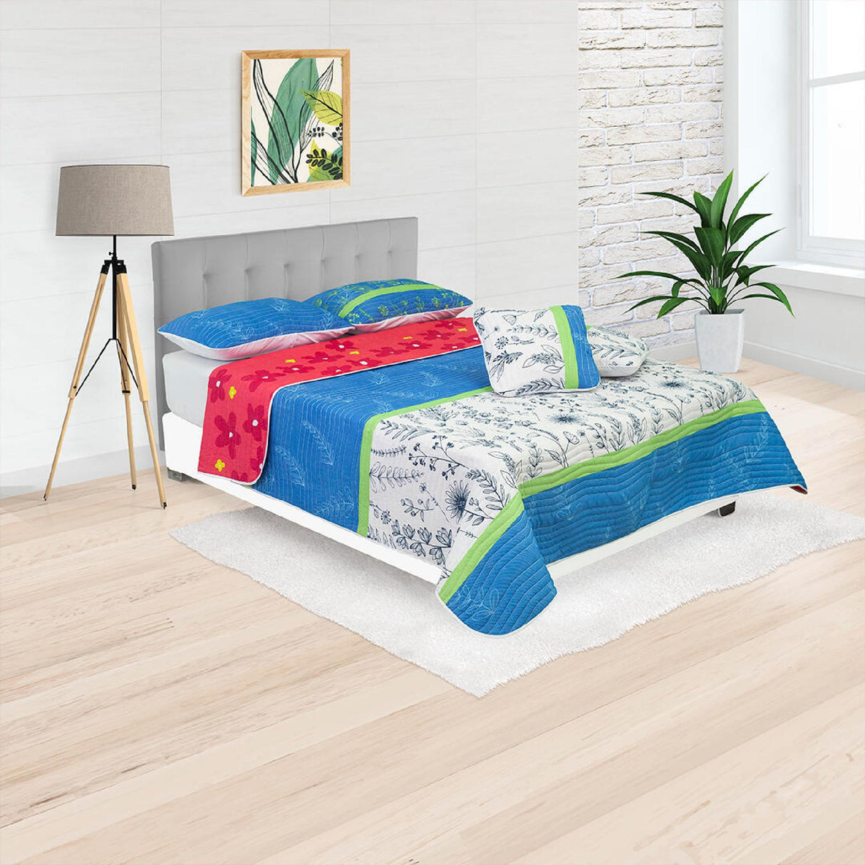 Cubrelecho Español Ambete Rojo y Azul de Flores Para Cama Doble 140 X 190 Cm - Tendidos y Cubrelechos | Bylmo