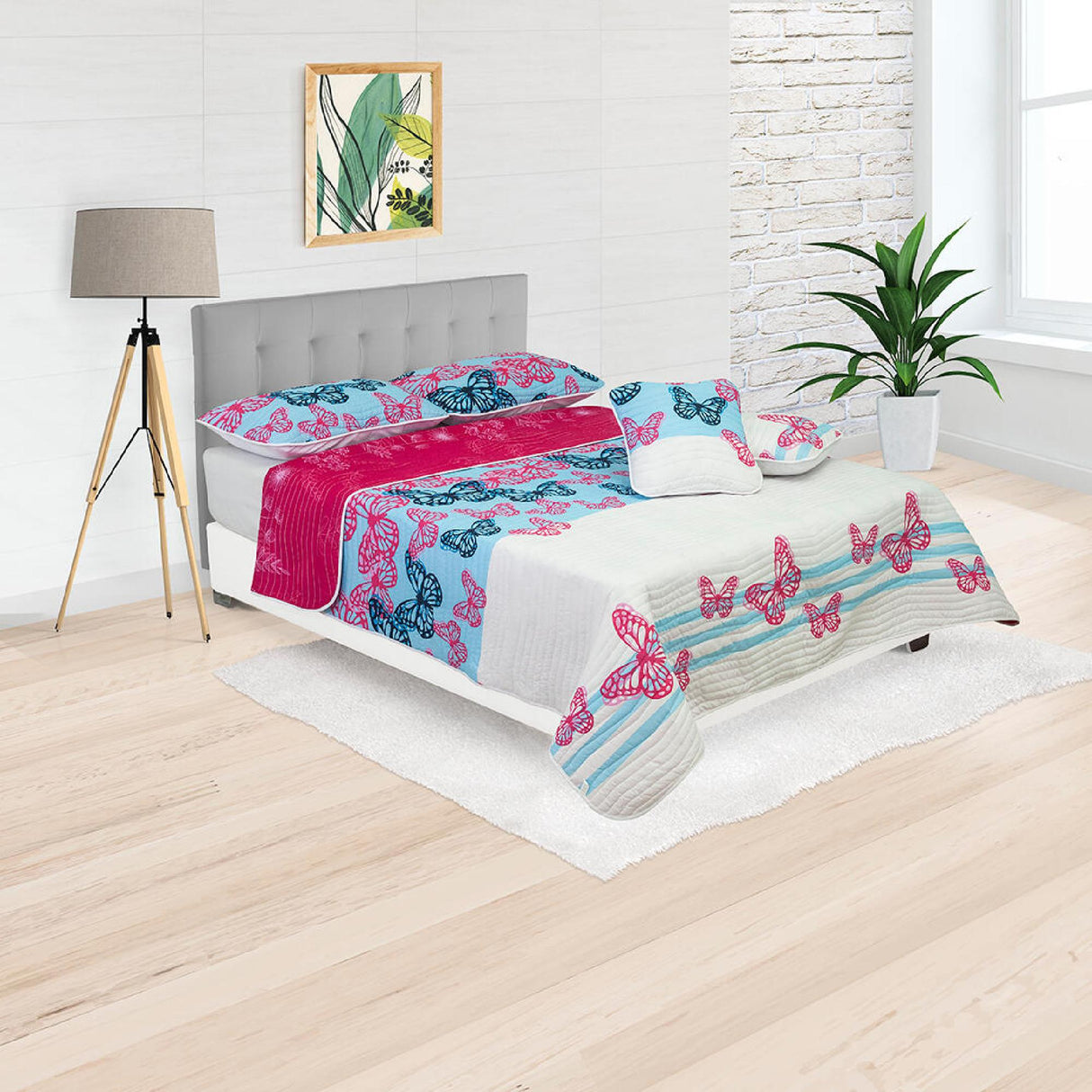 Cubrelecho Español Ambete Blanco y Azul Claro de Mariposas Para Cama Semidoble 120 X 190 Cm - Tendidos y Cubrelechos | Bylmo