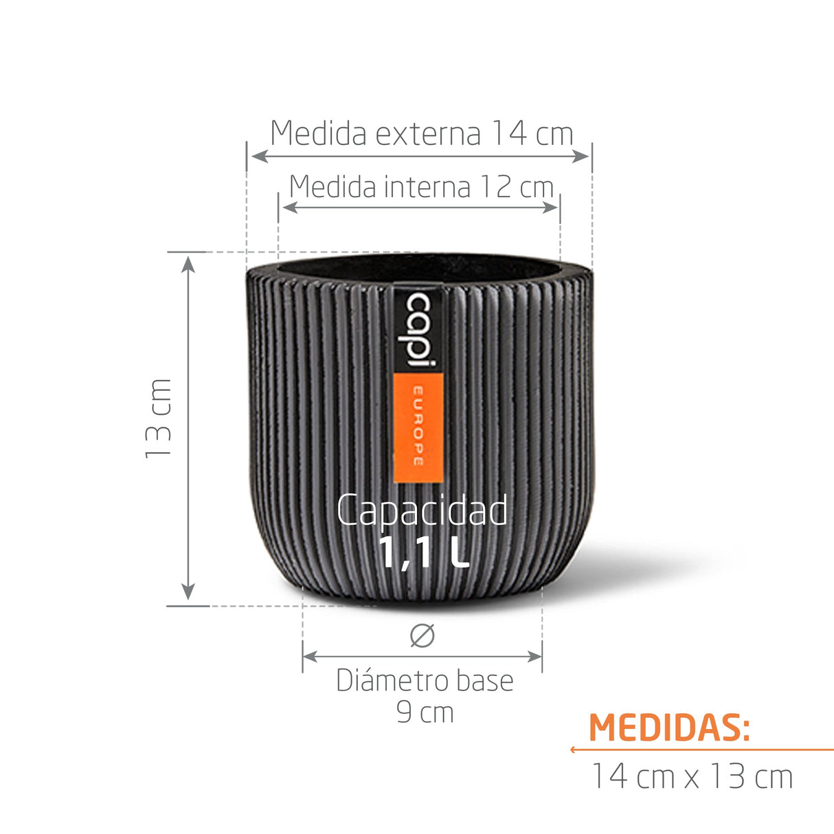 Matera Conic Round Groove Negro 14x13cm Cónica De Escritorio - Materas y Macetas | Bylmo