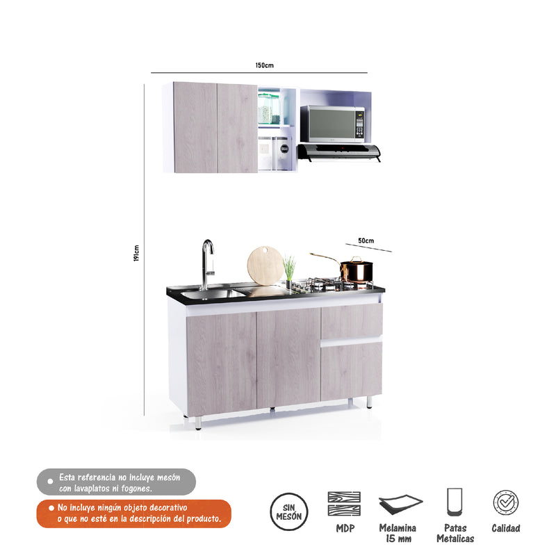 Cocina Integral Ceniza Y Blanco 150x87.5cm Sin Mesón Sin Pozuelo Ambos Izquierda O Derecha