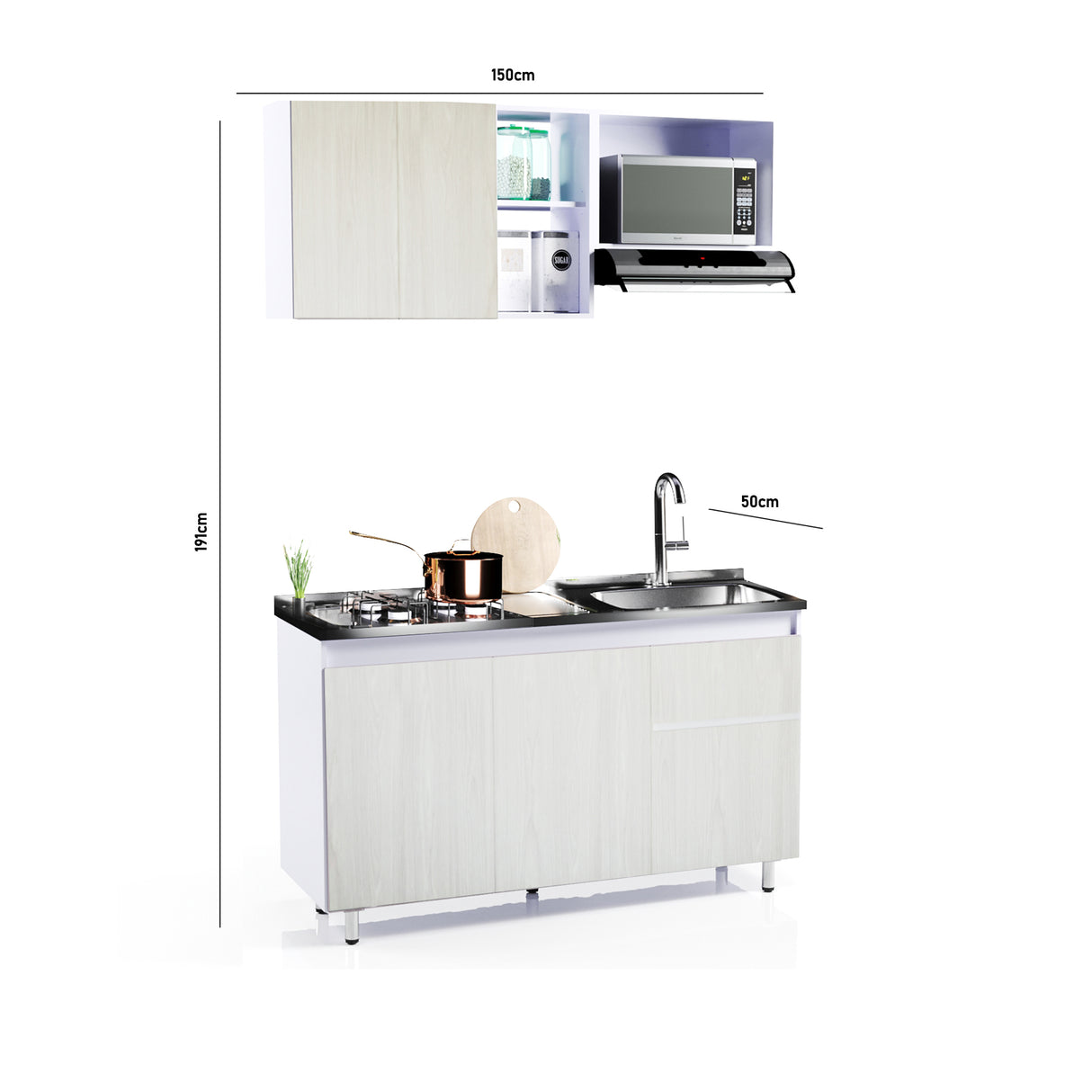 Cocina Integral Niebla y Blanco 150x87.5cm Con Mesón Con Pozuelo Derecha - Cocinas | Bylmo