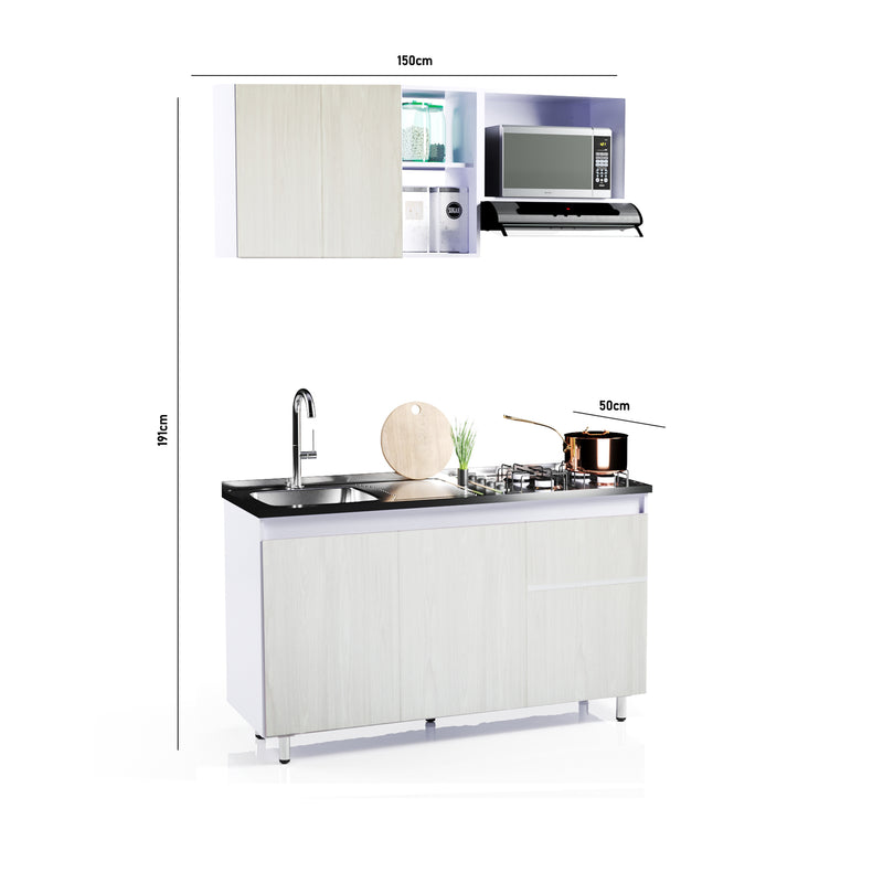 Cocina Integral Niebla Y Blanco 150x87.5cm Con Mesón Con Pozuelo Izquierda