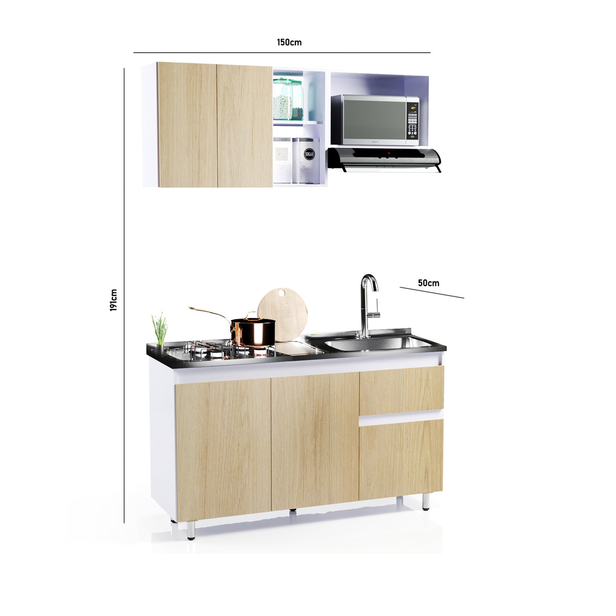 Cocina Integral Rovere y Blanco 150x87.5cm Con Mesón Con Pozuelo Derecha - Cocinas | Bylmo