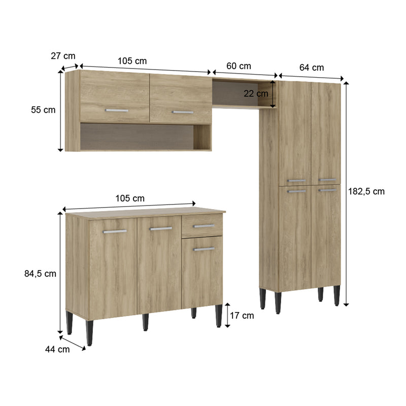 Cocina Integral Roble 105x89cm Con Mesón Sin Pozuelo Sin Perforacion