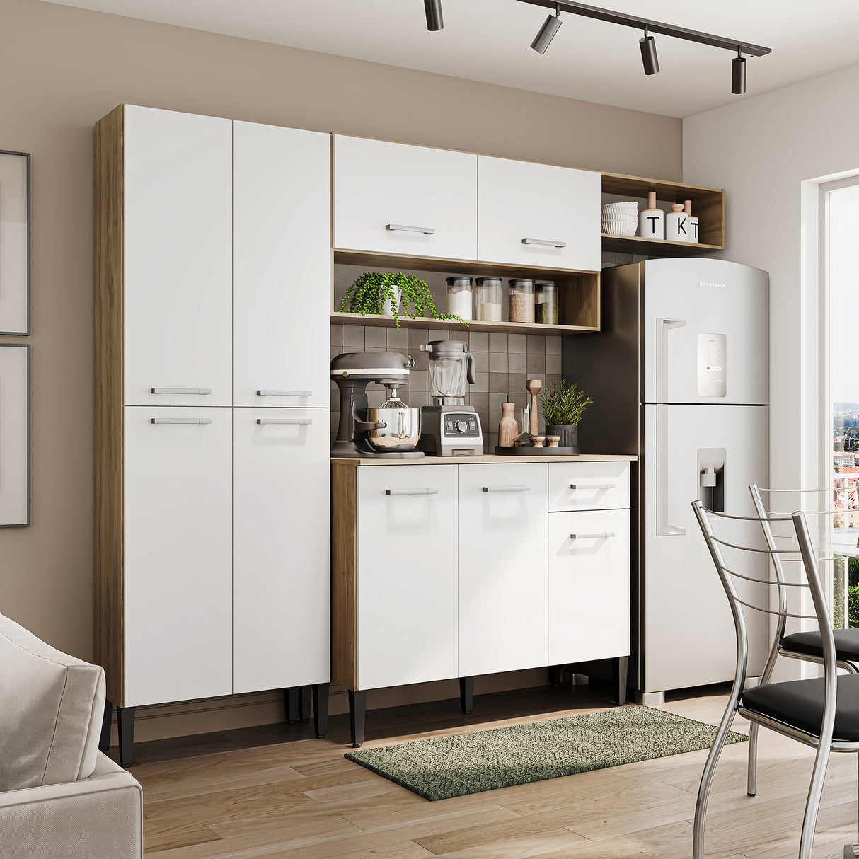 Cocina Integral Roble y Blanco 105x89cm Con Mesón Sin Pozuelo Sin Perforacion - Cocinas | Bylmo