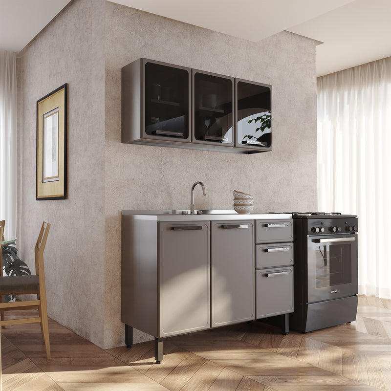 Cocina Integral Gris 120x89cm Con Mesón Con Pozuelo Centro Y Puerta De Vidrio