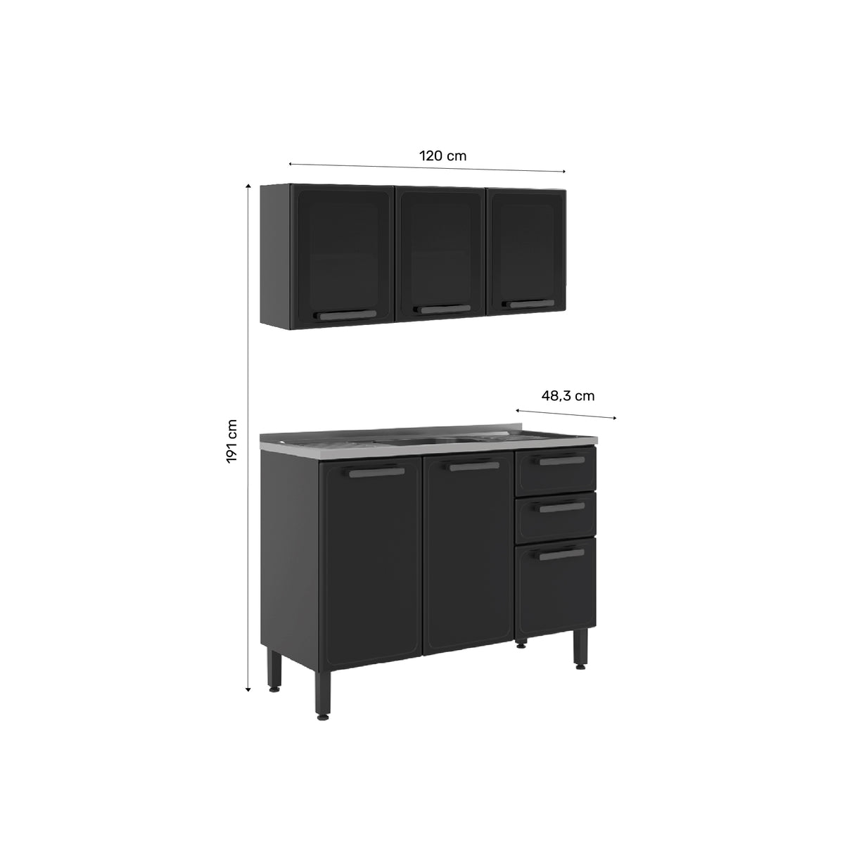 Cocina Integral Gris 120x89cm Con Mesón Con Pozuelo Centro y Puerta de Vidrio - Cocinas | Bylmo