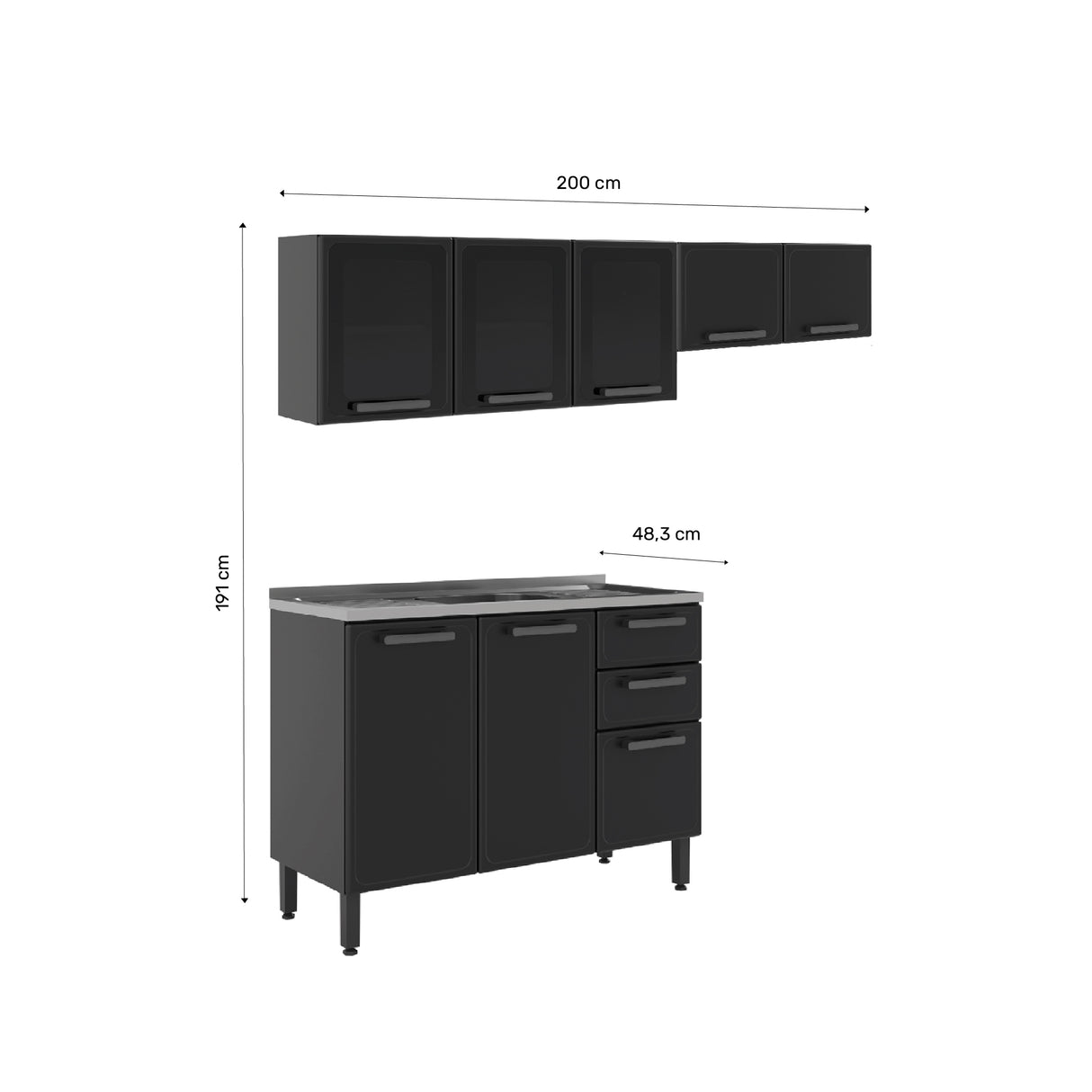Cocina Integral Gris 200x89cm Con Mesón Con Pozuelo Centro y Puerta de Vidrio - Cocinas | Bylmo