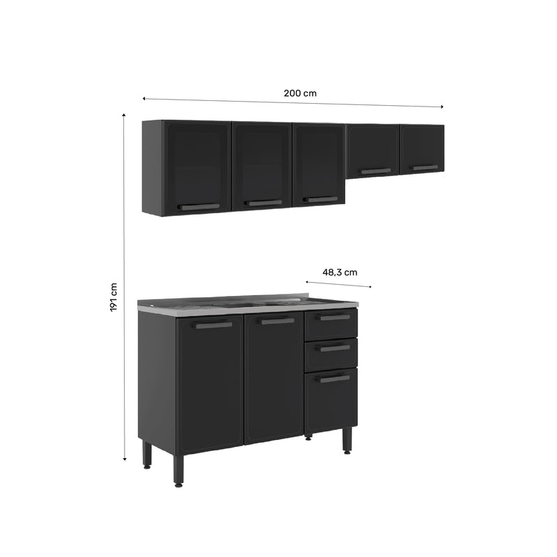 Cocina Integral Gris 200x89cm Con Mesón Con Pozuelo Centro Y Puerta De Vidrio