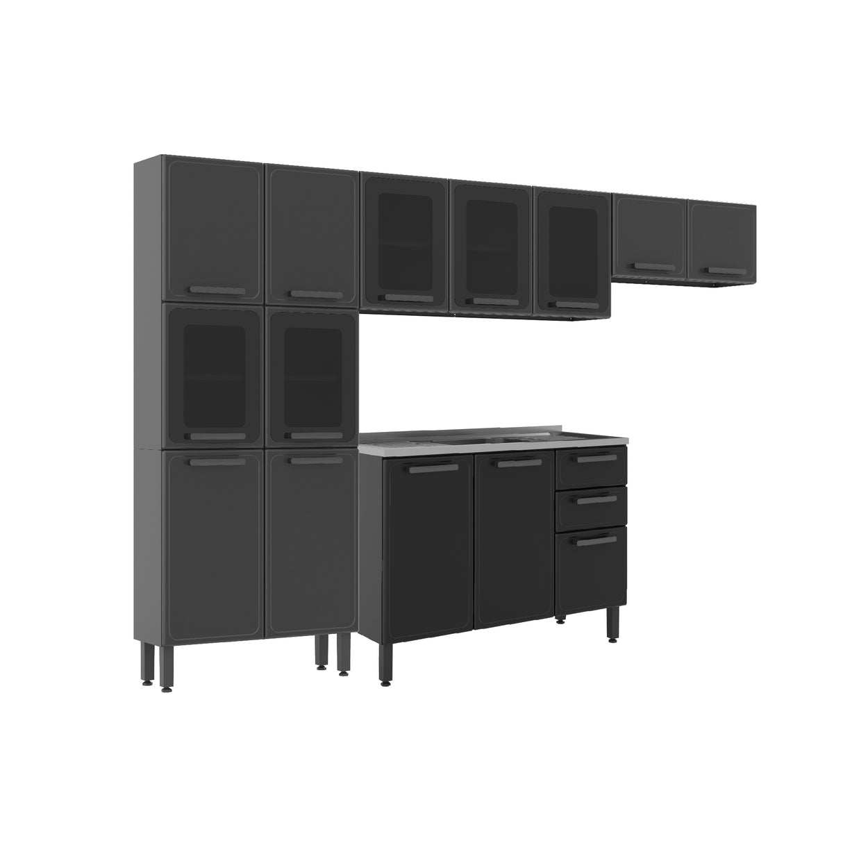 Cocina Integral Gris 280x89cm Con Mesón Con Pozuelo Centro y Puerta de Vidrio - Cocinas | Bylmo