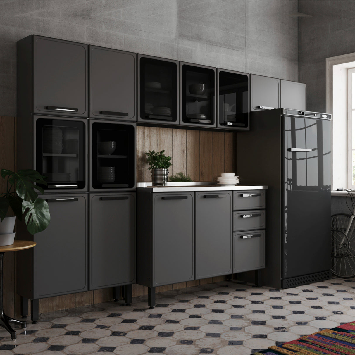 Cocina Integral Gris 280x89cm Con Mesón Con Pozuelo Centro y Puerta de Vidrio - Cocinas | Bylmo