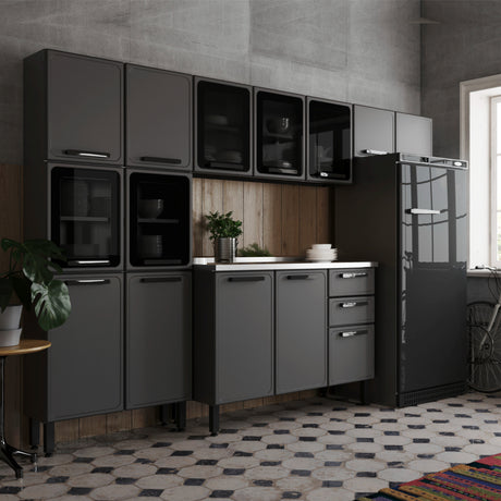 Cocina Integral Gris 280x89cm Con Mesón Con Pozuelo Centro y Puerta de Vidrio - Cocinas | Bylmo