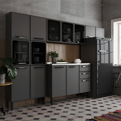 Cocina Integral Gris 280x89cm Con Mesón Con Pozuelo Centro Y Puerta De Vidrio