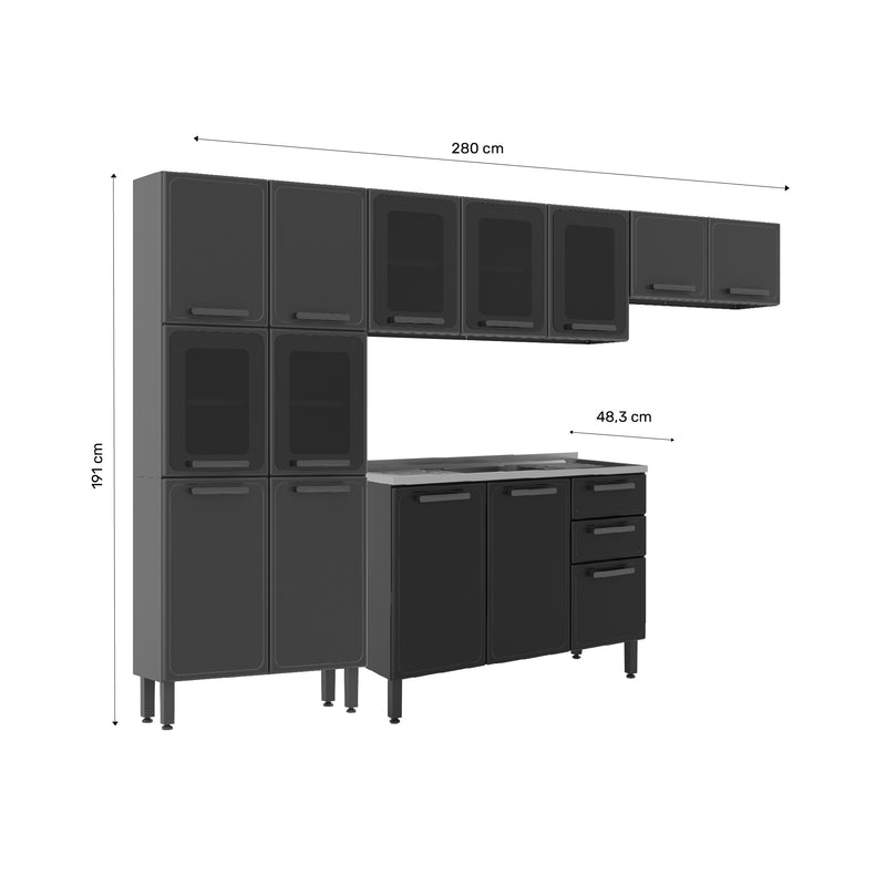 Cocina Integral Gris 280x89cm Con Mesón Con Pozuelo Centro Y Puerta De Vidrio