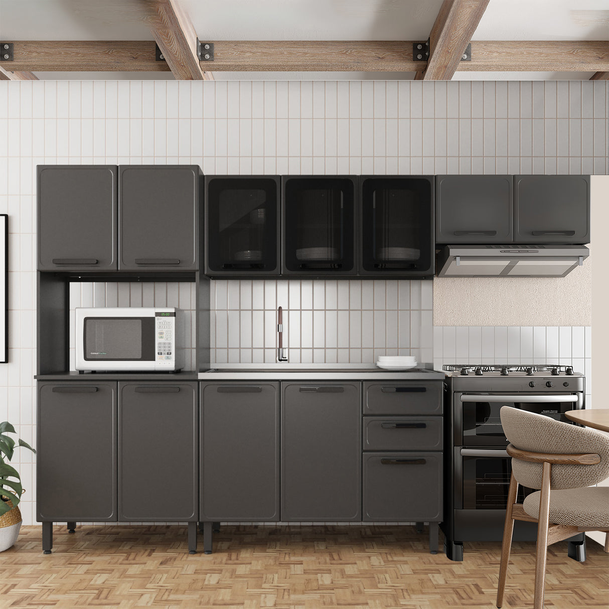 Cocina Integral Gris 280x89cm Con Mesón Con Pozuelo Centro y Espacio para Microondas - Cocinas | Bylmo