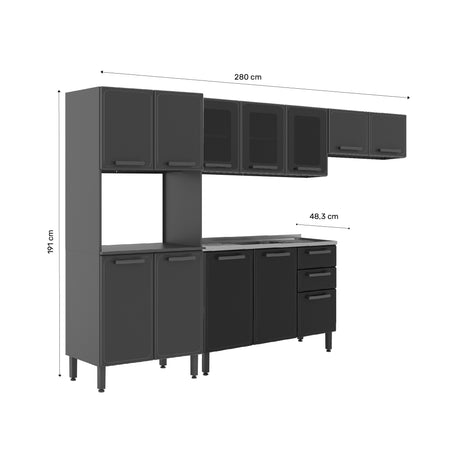 Cocina Integral Gris 280x89cm Con Mesón Con Pozuelo Centro y Espacio para Microondas - Cocinas | Bylmo