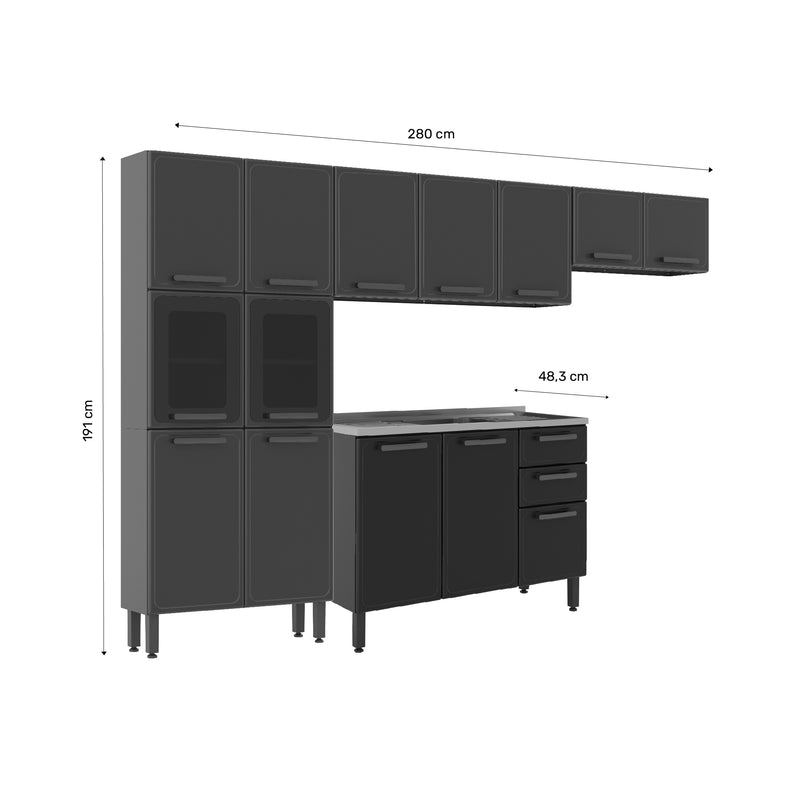 Cocina Integral Gris 120x89cm Con Mesón Con Pozuelo Centro Y Vidrio Ahumado