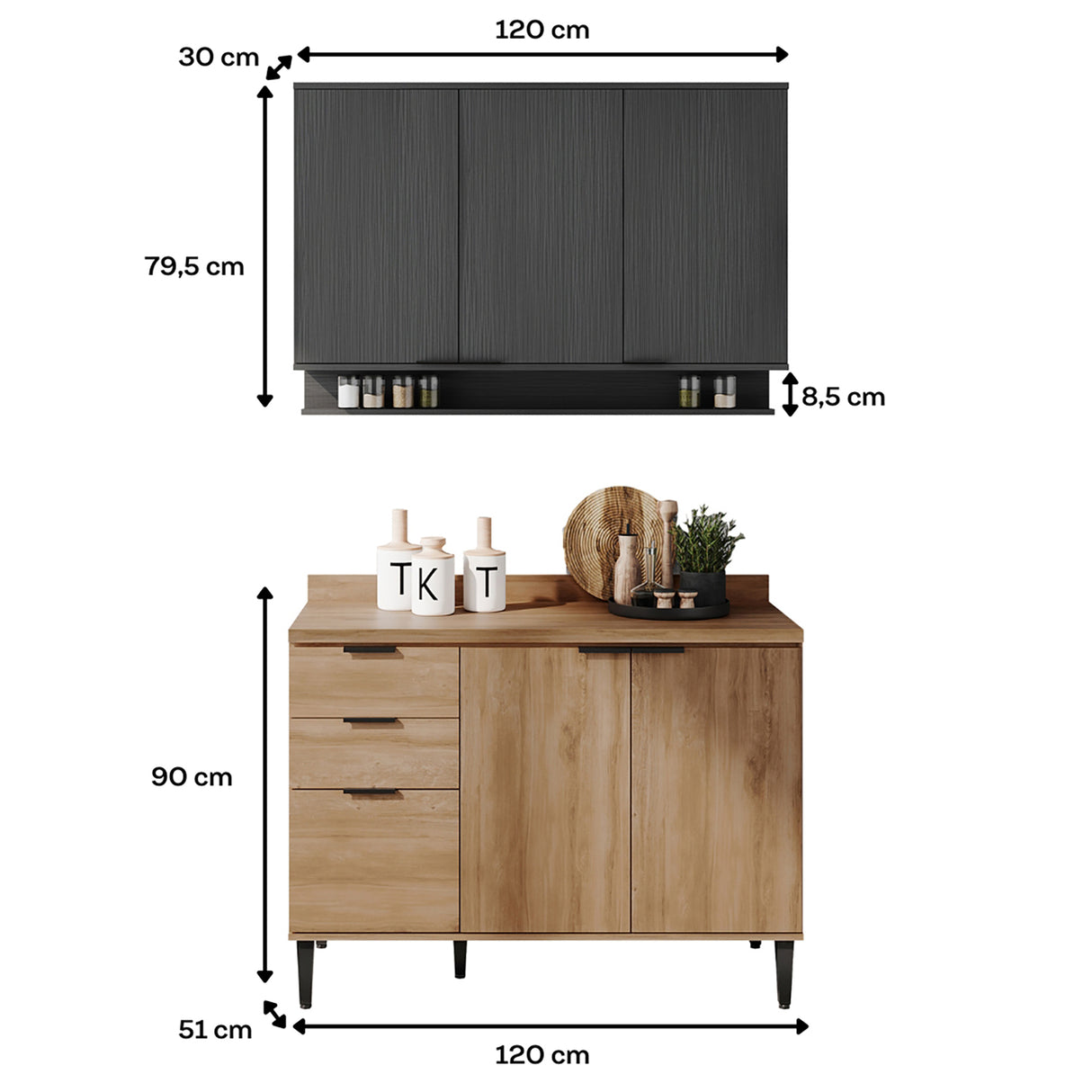 Cocina Integral Freijo y Grafito 120x87.5cm Con Mesón Sin Pozuelo - Cocinas | Bylmo