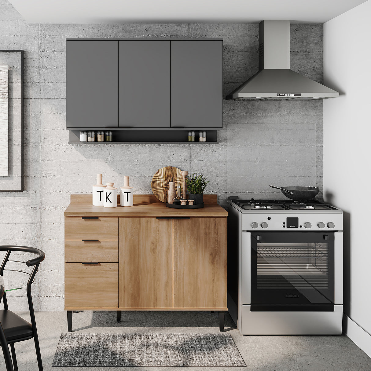 Cocina Integral Freijo y Gris 120x87.5cm Con Mesón Sin Pozuelo - Cocinas | Bylmo