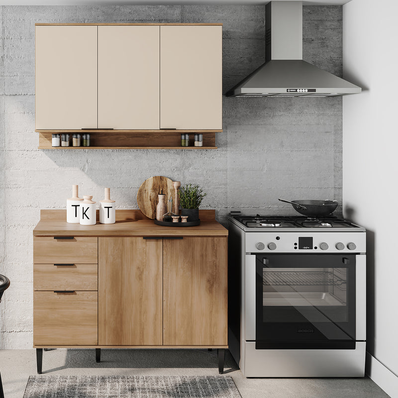 Cocina Integral Freijo Y Beige 120x87.5cm Con Mesón Sin Pozuelo