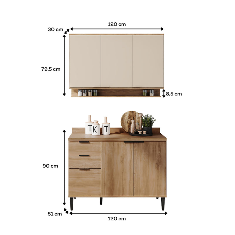 Cocina Integral Freijo Y Beige 120x87.5cm Con Mesón Sin Pozuelo