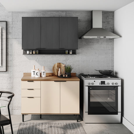 Cocina Integral Beige y Grafito 120x87.5cm Con Mesón Sin Pozuelo - Cocinas | Bylmo