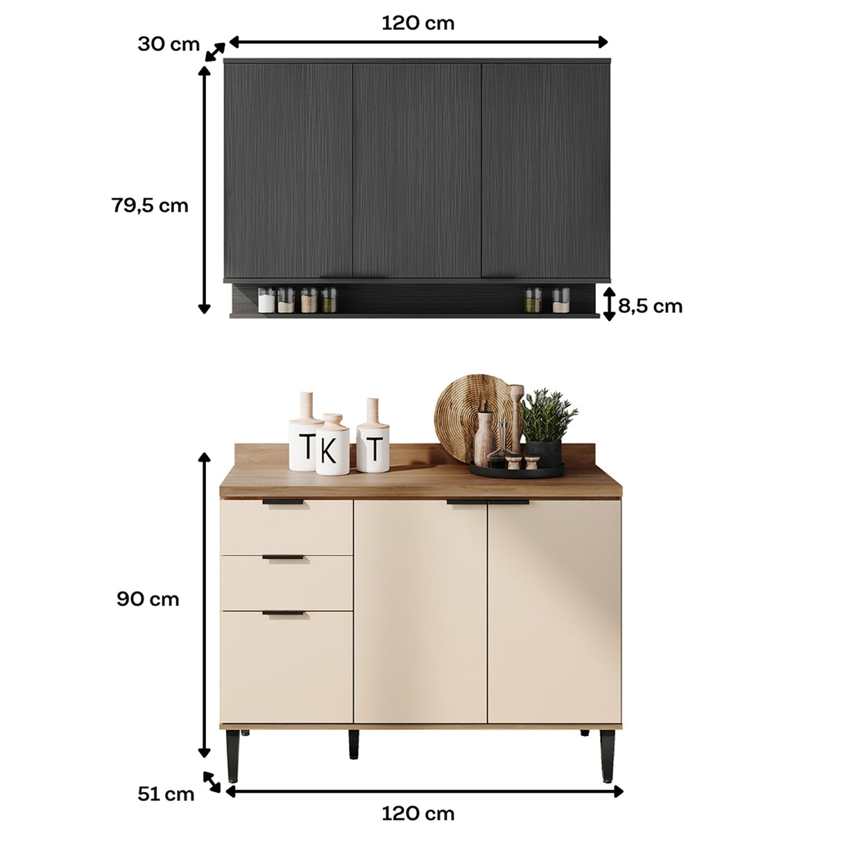 Cocina Integral Beige y Grafito 120x87.5cm Con Mesón Sin Pozuelo - Cocinas | Bylmo