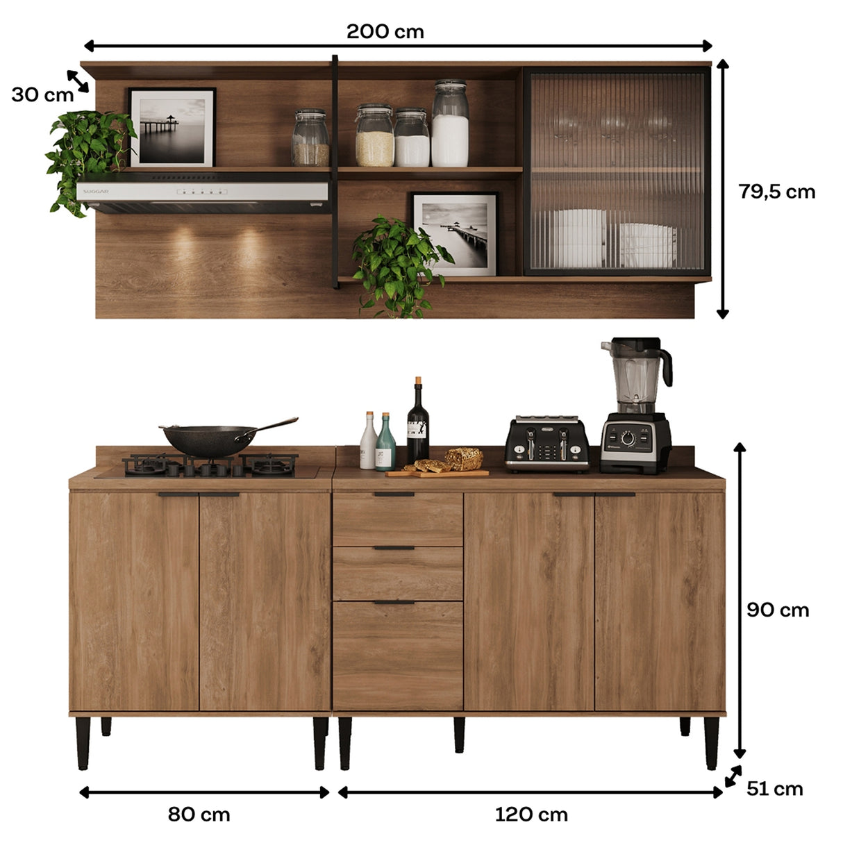 Cocina Integral Freijo 200x79.5cm Con Mesón Sin Pozuelo y con Seis Puertas - Cocinas | Bylmo