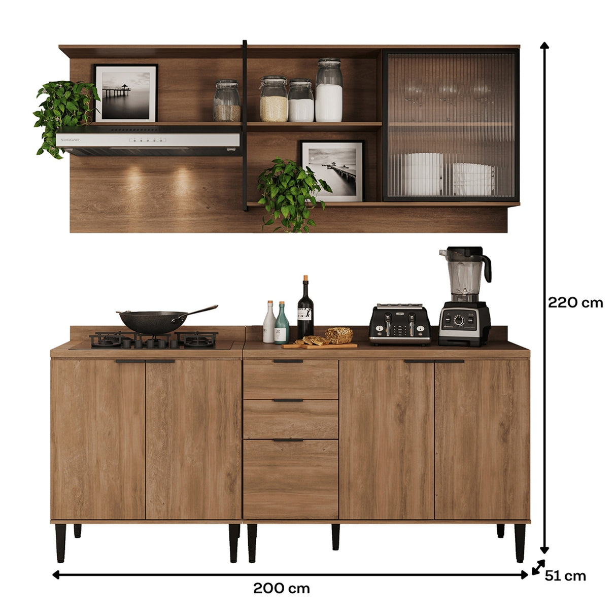 Cocina Integral Freijo 200x79.5cm Con Mesón Sin Pozuelo y con Seis Puertas - Cocinas | Bylmo