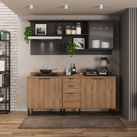 Cocina Integral Freijo y Grafito 200x79.5cm Con Mesón Sin Pozuelo y con Seis Puertas - Cocinas | Bylmo