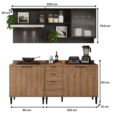 Cocina Integral Freijo y Grafito 200x79.5cm Con Mesón Sin Pozuelo y con Seis Puertas - Cocinas | Bylmo