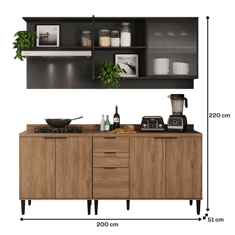 Cocina Integral Freijo Y Grafito 200x79.5cm Con Mesón Sin Pozuelo Y Con Seis Puertas