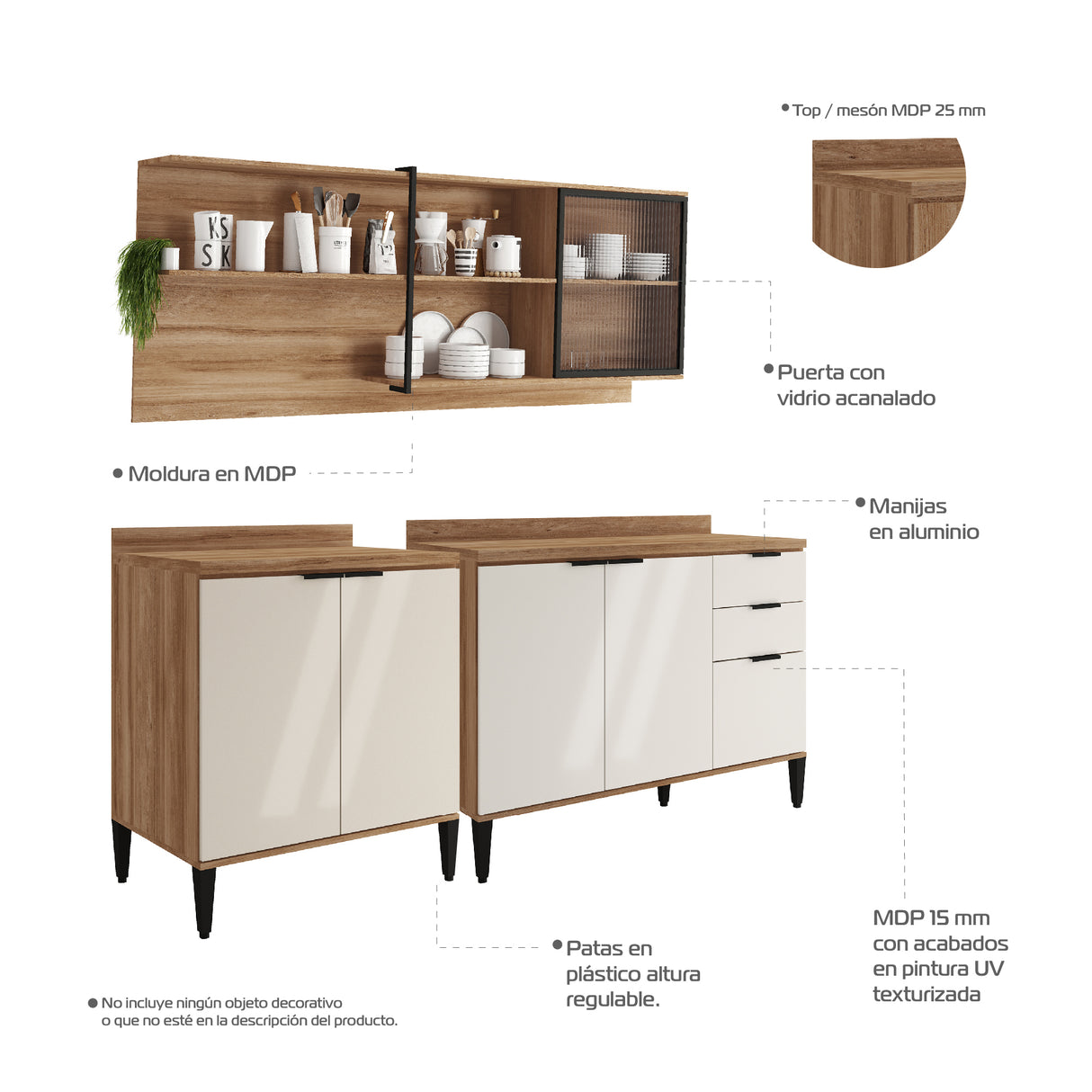 Cocina Integral Beige y Freijo 200x79.5cm Con Mesón Sin Pozuelo y con Seis Puertas - Cocinas | Bylmo