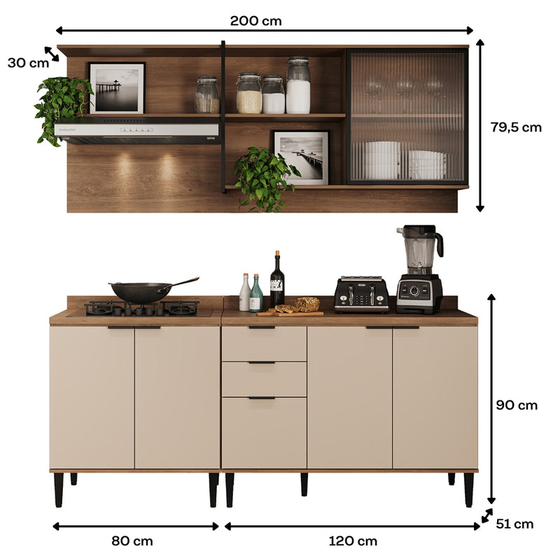 Cocina Integral Beige Y Freijo 200x79.5cm Con Mesón Sin Pozuelo Y Con Seis Puertas