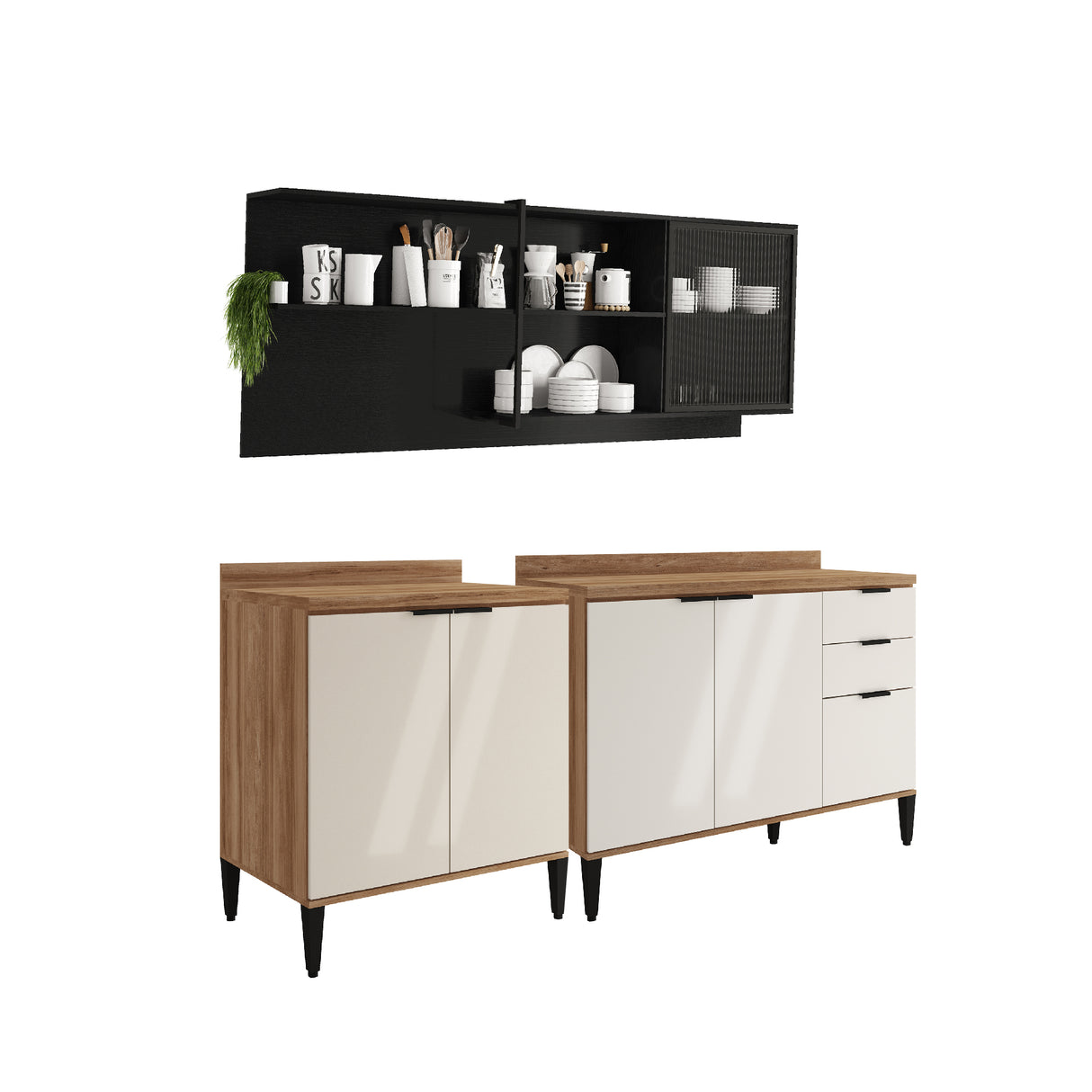 Cocina Integral Beige y Grafito 200x79.5cm Con Mesón y con Seis Puertas - Cocinas | Bylmo