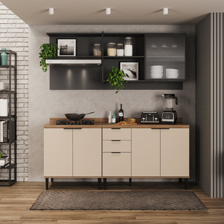 Cocina Integral Beige y Grafito 200x79.5cm Con Mesón y con Seis Puertas - Cocinas | Bylmo