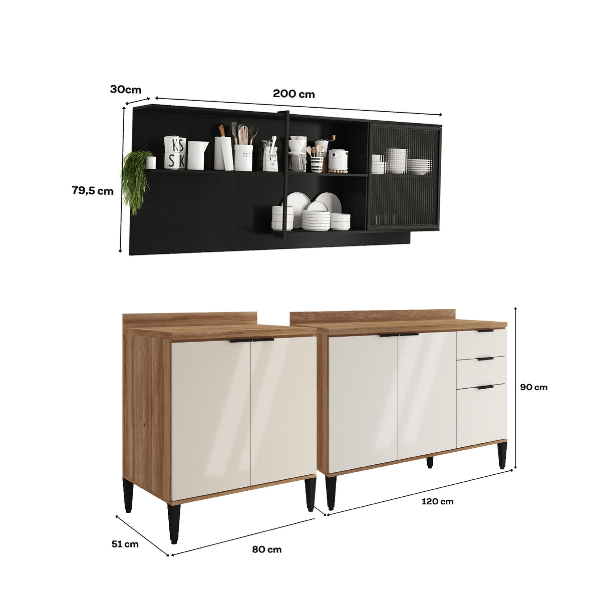 Cocina Integral Beige y Grafito 200x79.5cm Con Mesón y con Seis Puertas - Cocinas | Bylmo