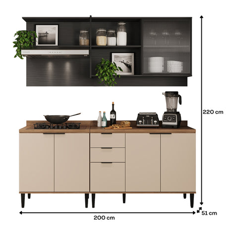 Cocina Integral Beige y Grafito 200x79.5cm Con Mesón y con Seis Puertas - Cocinas | Bylmo