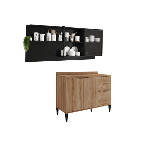 Cocina Integral Freijo y Grafito 200x79.5cm Con Mesón Sin Pozuelo y con Cuatro Puertas - Cocinas | Bylmo