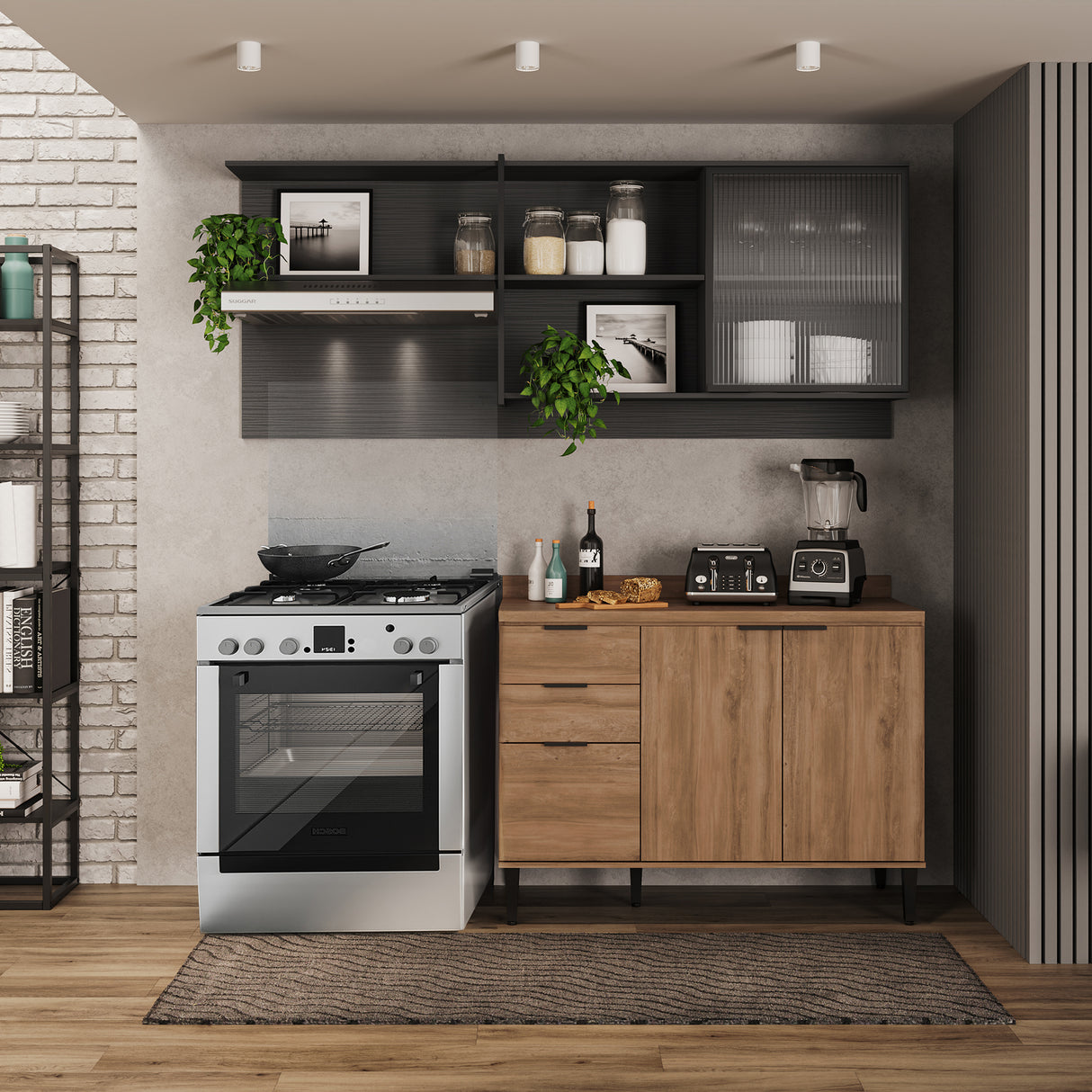 Cocina Integral Freijo y Grafito 200x79.5cm Con Mesón Sin Pozuelo y con Cuatro Puertas - Cocinas | Bylmo