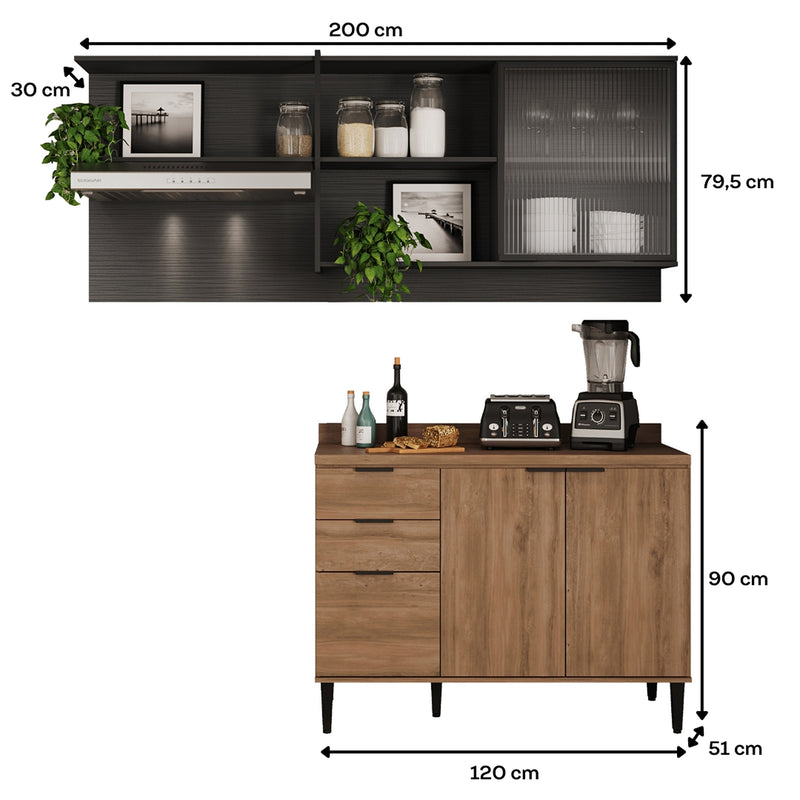 Cocina Integral Freijo Y Grafito 200x79.5cm Con Mesón Sin Pozuelo Y Con Cuatro Puertas