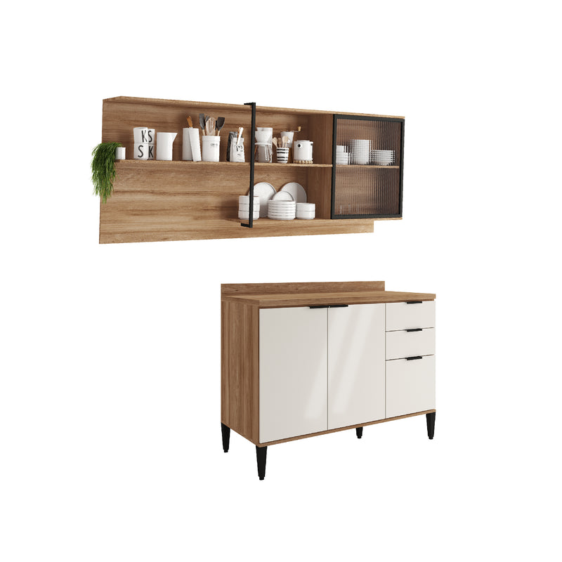 Cocina Integral Beige Y Freijo 200x79.5cm Con Mesón Sin Pozuelo Y Con Cuatro Puertas