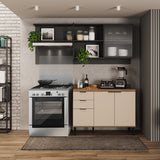 Cocina Integral Beige y Grafito 200x79.5cm Con Mesón Sin Pozuelo y con Cuatro Puertas - Cocinas | Bylmo