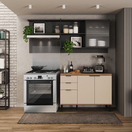 Cocina Integral Beige y Grafito 200x79.5cm Con Mesón Sin Pozuelo y con Cuatro Puertas - Cocinas | Bylmo